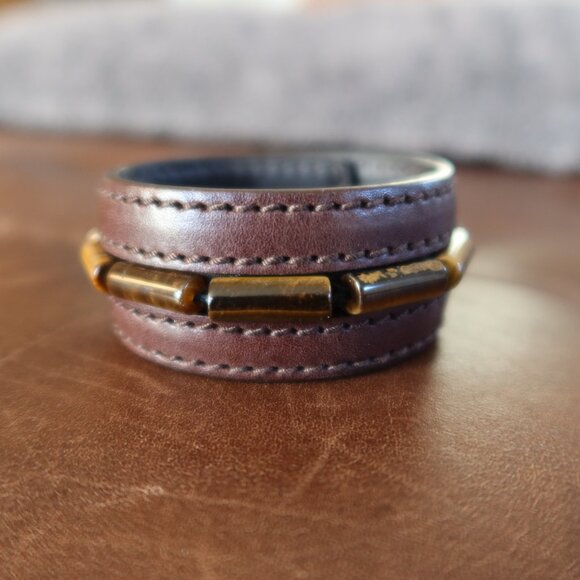 YSL Rive Gauche brown leather bracelet cuff with 9 tiger's eye stones/beads EUC! - Picture 3 of 14
